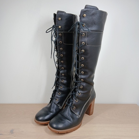 Timberland Shoes - Timberland Boots Women 9.5 Black Leather Knee High Lace Up Block Heel